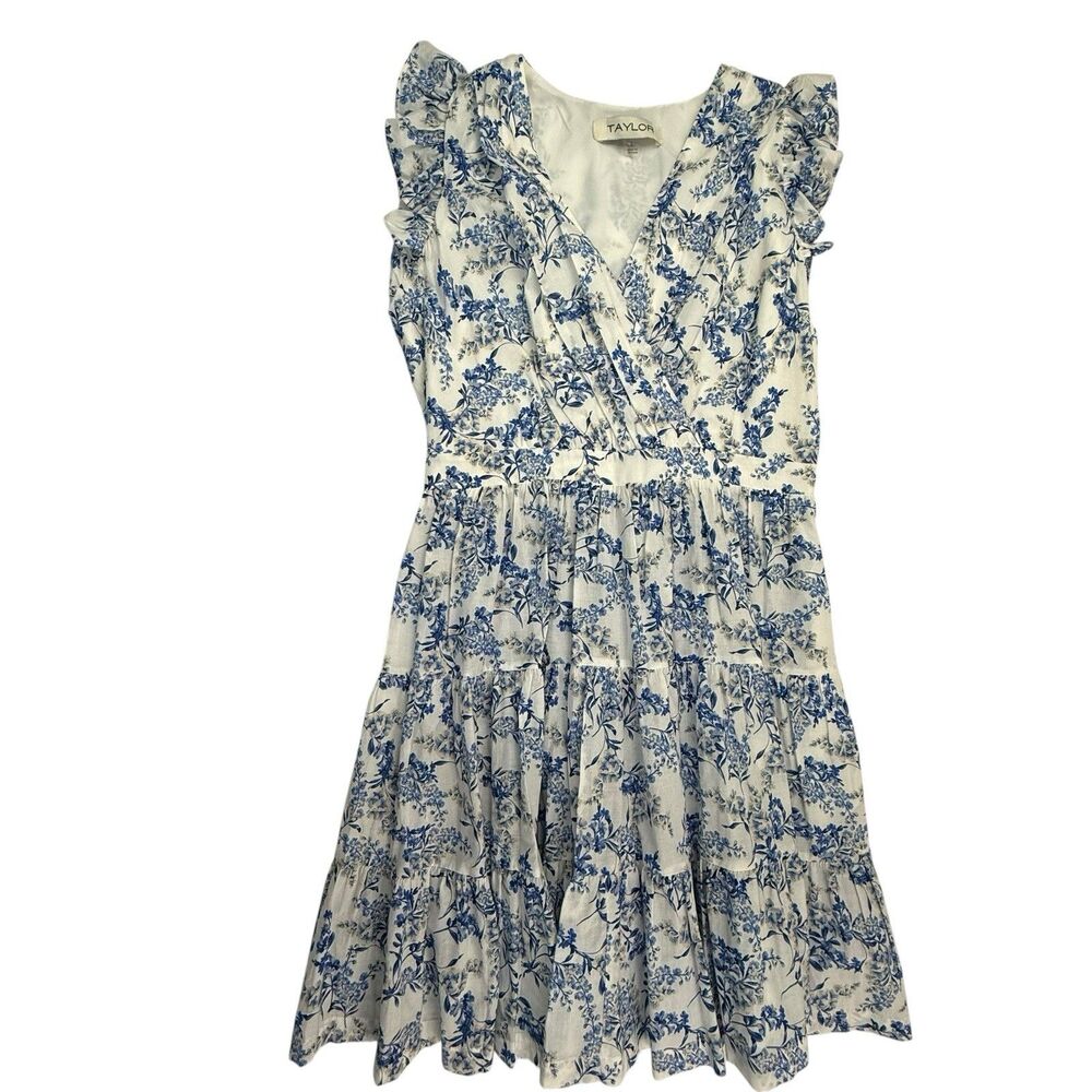 Taylor NEW Flutter Sleeve Floral Dress Women Large Blue Tiered Surplice V-Neck